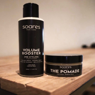 Volumebooster is a liquid cream prior to hair drying, which provides great volume and a gentle fixation. In addition, it allows a flexible control of the hairstyle providing a natural look.

The Pomade is a high setting combing wax, with a brilliant and long-lasting finish.

#teamsoares #soaresmencare 
www.soaresmencare.com